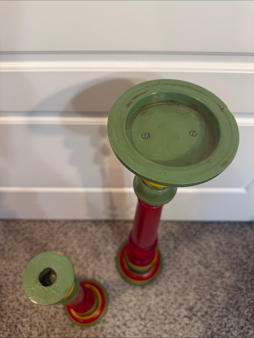 Old Germany Judaica Hand Carved & Painted Wooden Shabbat Candlesticks Red Multi - Picture 2 of 4